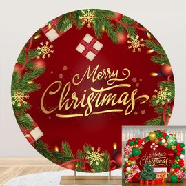 Merry Christmas Round Backdrop Cover for Photography - 7.2ft Pine Needles Snowflake Gift Golden Xmas Red Circle Round Backdrop Stand Cover Winte Xmas Party Decoration Background Studio Props