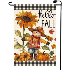 Hello Fall Scarecrow Pumpkin Garden Flag 12x18 Inch Double Sided Burlap Autumn Seasonal Thanksgiving Sunflower Buffalo Plaid Check Small Flags Porch Patio Farmhouse Outside Decorations For Yard QJ67