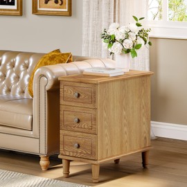LITTLE TREE Fully Assembled End Table, Narrow Bedside Table with 3 Drawers, Vintage Nightstand for Small Spaces, Living Room, Bedroom, Natural Color