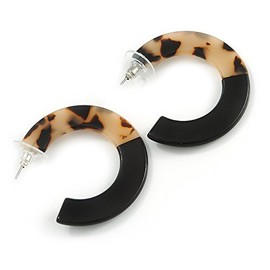 40mm Trendy Animal Print Beige/Black Acrylic/Plastic/Resin Half Hoop Earrings with Silver Tone Closure