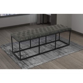 HomePop Upholstered Button Tufted Decorative Bench with Metal Base, Gray Faux Leather