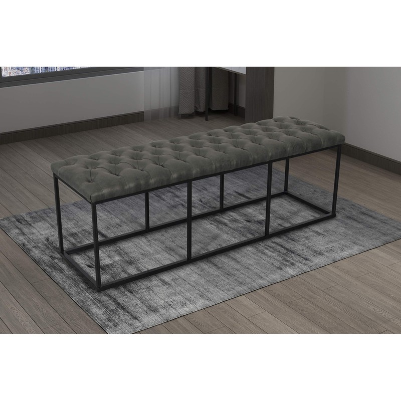 HomePop Upholstered Button Tufted Decorative Bench with Metal Base, Gray