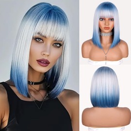 Ombre Blonde Blue Bob Wig With Bangs 14 Inch Short Straight Bob wig for Women Short Bob Wigs Heat Resistant Fiber Synthetic Middle Part Cosplay Costume Party Wigs