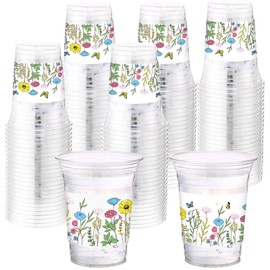 Hushee 60 Pcs Floral Cups with Spring Summer Fall Flower 16 oz Wildflowers Plastic Disposable Drinking Cups for Summer Spring Autumn Birthday Baby Shower Party Supplies(Wild Floral)