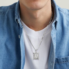 KissYan Initial Letter Pendant Necklace for Men Womens, White Gold Plated Square Capital Monogram Necklace Alphabets from A-Z Figaro Chain Necklace, Stainless Steel, Cubic Zirconia