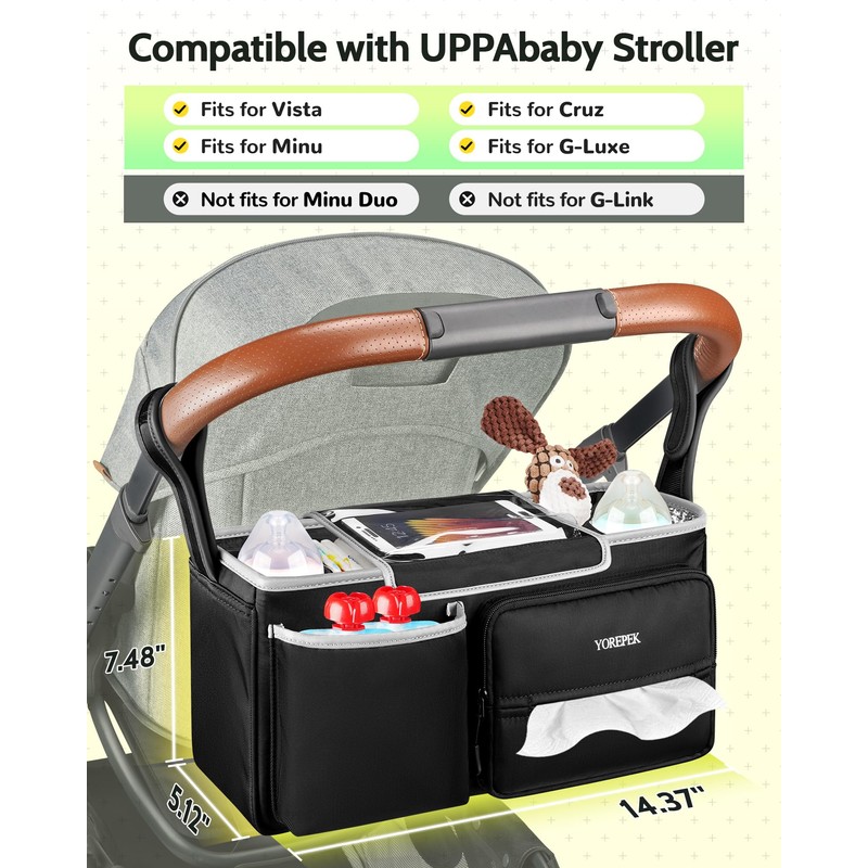 YOREPEK Spacious Stroller Caddy Fits for UPPAbaby Vista/Minu/Cruz, Adjustable Stroller