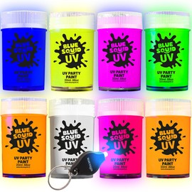 Pintura para rostro y cuerpo que brilla en la oscuridad, calamar azul fluorescente, para luz UV y negra, juego de 8 colores de pintura facial de neón + linterna ultravioleta gratis, maquillaje brillante para festivales