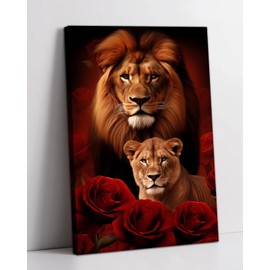 Lion Canvas Wall Art Lion and Lioness Decor Red Rose Flower Picture Animal Painting Contemporary Artwork for Living Room Bedroom Home Office Decor Framed(Artwork-5,12.00"x18.00")
