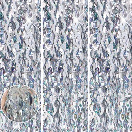 3pcs Glitter Silver Tinsel Backdrop, 1 * 2m Wave Foil Door Decoration, Shimmer Foil Party Fringe Curtain Tinsel Backdrop for Birthday, Hen Do, Bachelorette, Christmas Party