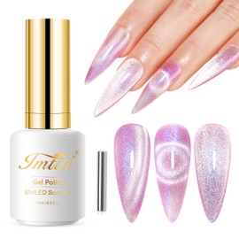 Imtiti Cat Eye Gel Nail Polish, 15ML Pink Holographic Glitter Cat Eye Gel Polish with Magnet UV LED Magnetic Gel Nail Polish Crystal Galaxy Sparkly Home DIY Manicure Nail Salon Kit