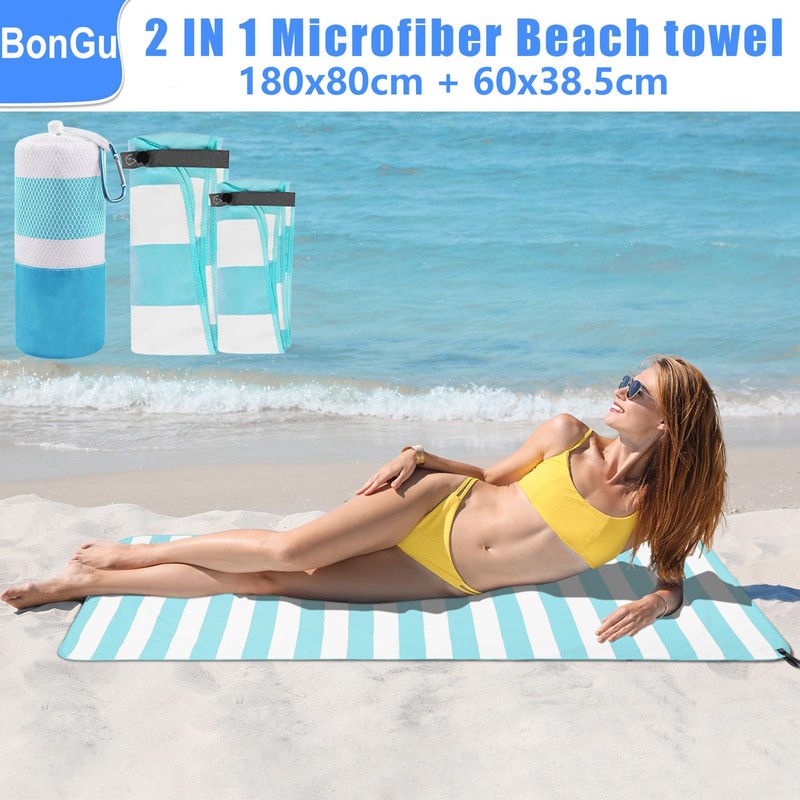 BonGu Beach Towel Set 180x80cm & 60x38cm Microfiber Travel Towels