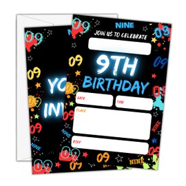 Beshoul Birthday Invitations - Glow Neon 9th Bday Invites with Envelopes for Boys Girls(25-Count) - Digital Party Invite Cards for Party Supplies Favors Decorations-H04