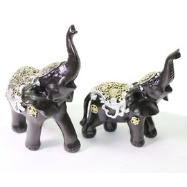 Set of 2 Feng Shui Black Elephants Trunk Statue Lucky Figurine Gift Home Decor