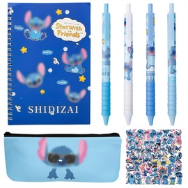 QIONG Cute School Supplies S-titch Anime Stationery Gift Set Includs Gel Pens, Journal Notebook, 50 Stickers, Pencil Case, Kawaii Stationery Set, Back to School Gift(STIT)