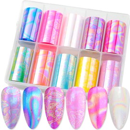 SILPECWEE 10 Rolls Aurora Nail Foil Laser Nail Transfer Foil Holographic Nail Art Foil Decals Iridescent Foil for Nails Fingernail Stickers Manicure Design for Women DIY Decoration
