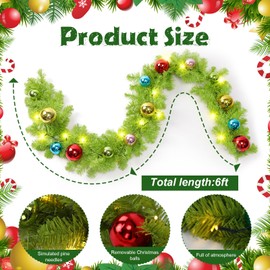 Jutom Lime Green Ornament Garland Whimsical Christmas Garland with Colorful Ball Ornaments and Light Bright Green Holiday Garlands for Fireplace Mantle Staircase Porch Indoor Outdoor Decor, 6 ft