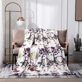 DaDa Bedding Soft Faux Mink Fleece Flannel Purple Floral Throw Blanket - Blossom Garden Birds Elegant Orchid Lavender & Olive Green - Plush Warm Animal Lover House Warming Decor Gift Idea - 63" x 90"