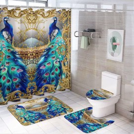 Kazynee Fantasy Peacock Luxury 4 Piece Shower Curtain Sets, Non-Slip Rugs, Toilet Lid Cover and Bath Mat, Durable and Waterproof, for Bathroom Decor Set One Size