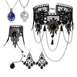 Zaky 5 Piece Vampire Character Necklace Gothic Retro Dark Earrings Black Lace Choker Bracelet Elena Daylight Necklace Set, Alloys, No Gemstone