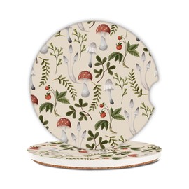 Vintage Mushroom Strawberry Car Coasters,Ceramic Absorbent Cup Holders with Finger Notch & Cork Base Car Assecories for Women/Men 2.6"(2 Pieces)