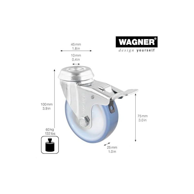 WAGNER Soft swivel castor with back hole, diameter 75 mm,