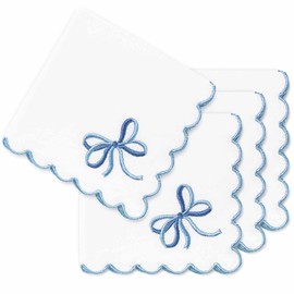 FYSUIMU 4Pcs Blue Bow Embroidered Cloth Napkins Coquette Scalloped Dinner Napkins 11.8 x 11.8 Inch Reusable Kitchen Tabletop Collection for Birthday Wedding Party Table Supplies