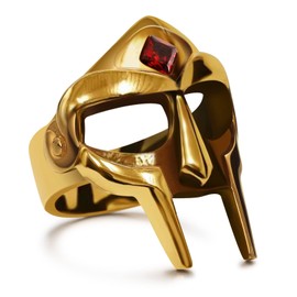 Yumikoo DOOM Mask Ring for Men Gladiator Style Ruby Golden Titanium Stainless Steel Ring, Metal, No Gemstone