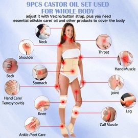 Castor Oil Pack Wrap, 9 Pcs Organic Castor Oil Packs Kit for Neck Shoulder Waist Back Hand Knee Leg and Feet, Castor Oil Patches Reusable Pads Kit for Hot/Cold Oil Wrap Compress for Woman/Man【Khaki】