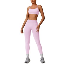 Workout Sets for Women 2 Piece Strappy Back Sports Bra and High Waisted Yoga Leggings Jogger Gym Active Sets Pink S