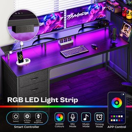 Huuger 63 Inch Computer Desk with Power Outlets and LED Lights, Gaming Desk with 4 Drawers, Office Desk with Monitor Stand, Study Desk Work Desk for Home Office, Black