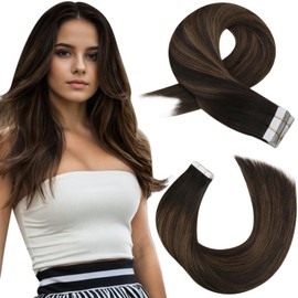 Moresoo Human Hair Tape in Extensions Brown Tape in Ombre Hair Extensions Balayage Darkest Brown Mix with Medium Brown Glue in Real Hair Seamless Hair Extensions Human Hair 18 Inch #2/6/2 20pcs 50g