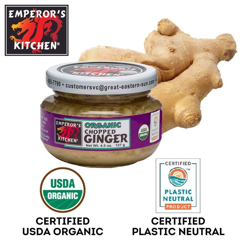 Emperor's Kitchen Organic Chopped Ginger 4.5 OZ Glass Jar (Pack
