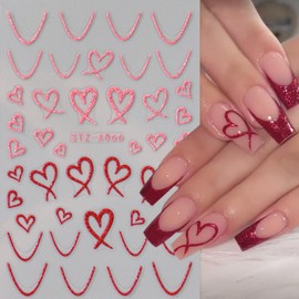 Heart Nail Stickers - Wavy Line Nail Design 3D Self-Adhesive Love Hollow Peach Heart Shaped French Sticker for Women Valentine Gift Nail Decoration