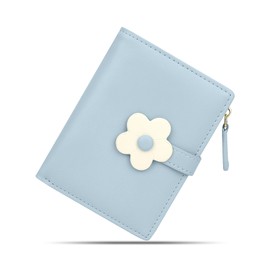 conisy Small Wallet for Women, Cute Bifold Leather Slim RFID Wallets for Women and Girls with Zipper Coin Purse (Flower Blue)