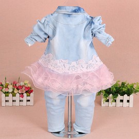 Yao Baby Girls Denim Clothing Sets 3 Pieces Sets T Shirt Denim Jacket and Jeans (2-3Years)