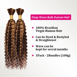 Deep Wave Echthaar-Haarverlängerung für Boho-Zöpfe, Echthaar, für Mikrozöpfe, 100 % kein Schuss, brasilianisches Echthaar, lockig, Echthaar-Extensions für Boho-Zöpfe, Deep Wave P4/27#, 50 cm, 100 g