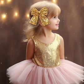 Koolgil 5 Inch Glitter Big Bow Sequins Bling Hair Clip Cheerleading Hair Bow with Alligator Clips Hair Accessories for Women Teens Girls Kids (A- Gold)