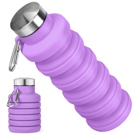 Rotayi Collapsible Water Bottle, 16oz Portable Reusable Silicone Water Bottle, BPA-Free Leak-Proof Foldable Design with Carabiner, Lightweight Durable for Gym, Travel, Camping, Hiking, Sports-Purple
