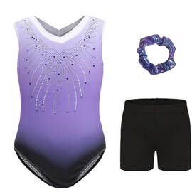 Kiscorpse Gymnastics Leotards for Girls Long Sleeve/Sleeveless Sparkle Ballet Dance Gymnastics Athletic Leotards Shinning Diamond for Kids 5-12 Years (Purple-sleeveless set, 9-10 Years)
