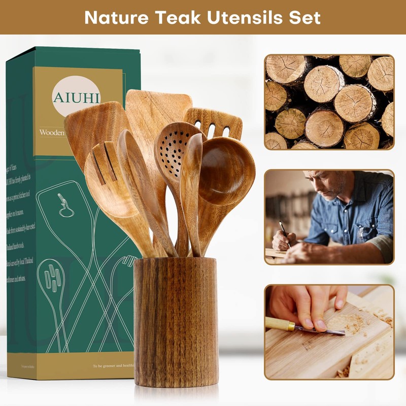 AIUHI Wood Spoons for Cooking, Nonstick Kitchen Utensil Set, Wooden