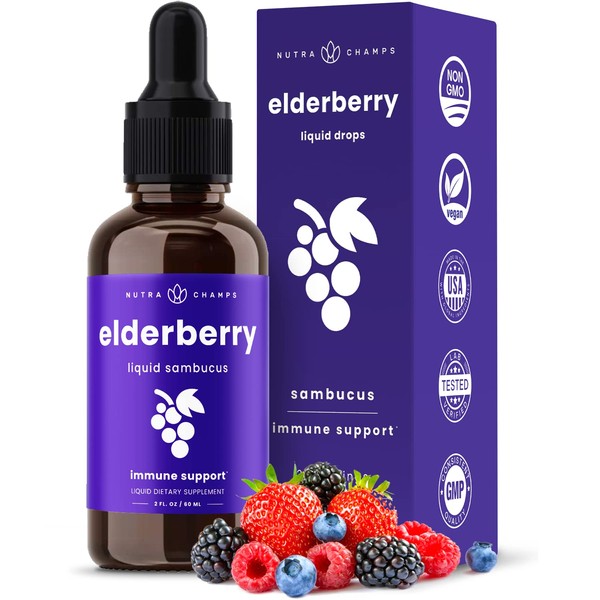 Black Elderberry Syrup | Potent 2000mg 10:1 Extract Sambucus Elderberry Syrup Antioxidant | Elderberry Drops Berry Flavor | Liquid Elderberry Extract Sugar-Free 2oz | Immune Support for Adults & Kids