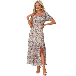 Allegra K Women's Floral Dress Puff Sleeve Square Neck Split Boho Maxi Dresses X-Small Beige Purple