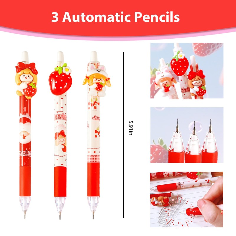 Cute Strawberry Mechanical Pencil Set Include 3Pcs Kawaii Mechanical Pencils,3