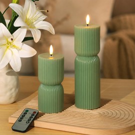 JOIONE Ribbed Green LED Flameless Candles 2 Pack with Remote