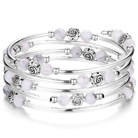 BULINLIN Wrap Bangle Rose Bead Bracelet - Beaded Bracelet with Natural Agate Stone Gifts For Women(01-Howlite)