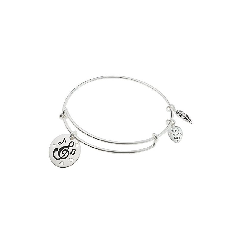 Sterling Silver Love Music Heart Feather Dangle Charm Expandable Bangle