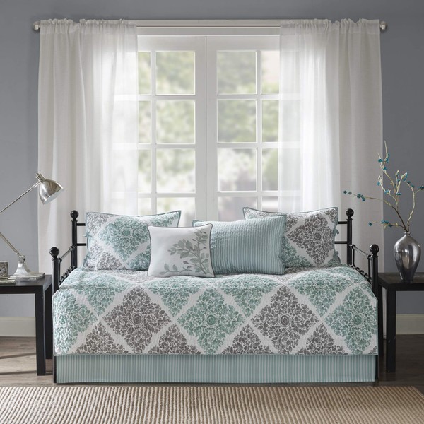 Madison Park Daybed Cover Set - Double Sided Quilting Casual Design, All Season Bedding with Bedskirt, Matching Shams, Decorative Pillow, 75"x39", Diamond Aqua 6 Piece