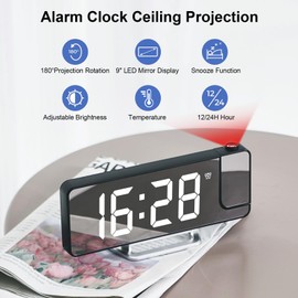 Cuteefun Projection Alarm Clock, Projection Clock with LED Screen, Projection Clock with Temperature, Snooze, Adjustable Brightness, 12/24H Display, Digital Alarm Clock with Ceiling Projection, White