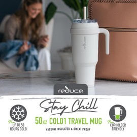 REDUCE 50 oz Stainless Steel Tumbler with Handle - Dual-Wall Vacuum Insulated Travel Mug, Sweat-Proof Lid & Reusable Straw - Keeps Drinks Cold for 24 Hrs, Fits Cupholders, Dishwasher Safe - Alpine