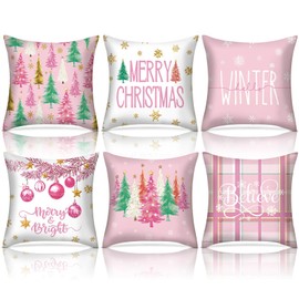 HunnmingRe 6 Set of Winter Watercolor Christmas Throw Pillow Covers 18 x 18 Inch Holiday Cushion Case Decoration Seasonal Decorative Outdoor Pillowcase for Couch Sofa Porch Farmhouse(Pink)